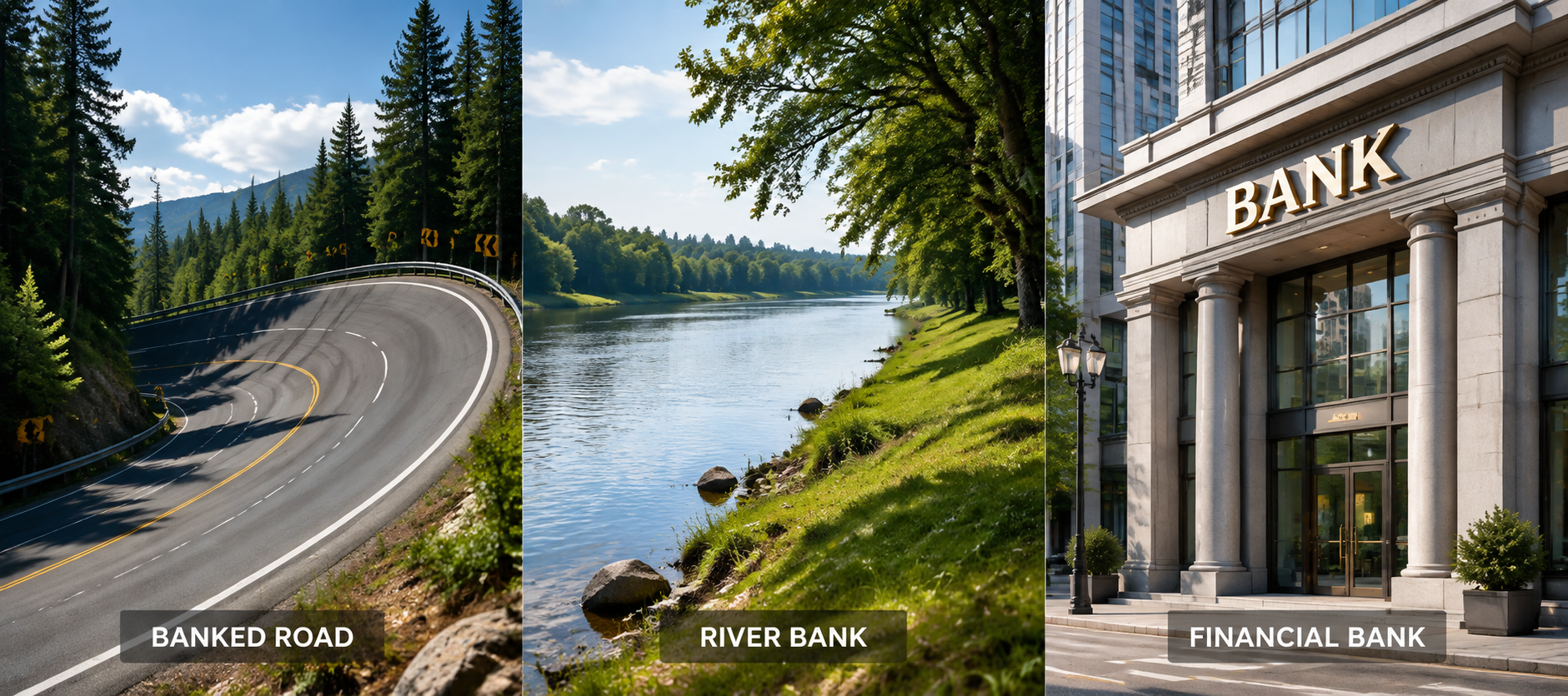 A banked mountain road, a river bank, and a financial bank shown side by side